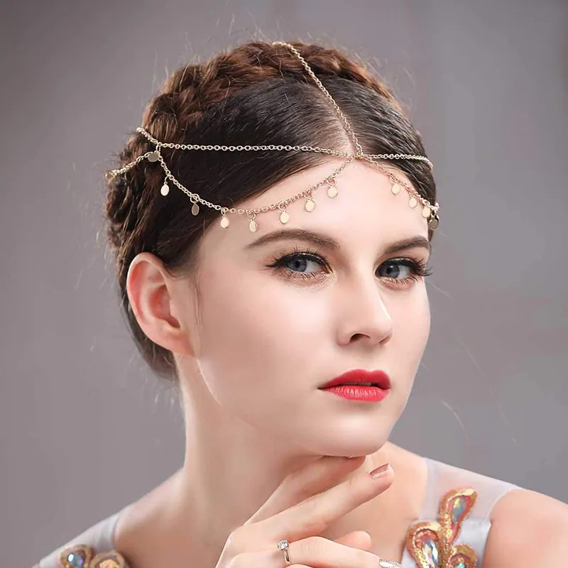 Bohemia Multi Layer Alloy Head Chain With Coin Pendants Gold Tone Elegant Party Hair Accessory For Women