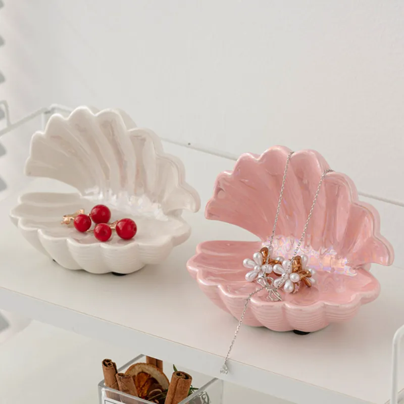 Ceramic Shell Jewelry Tray Pearlescent Shell Shape Storage Plate For Earring Necklace Desktop Decorative Trinket Dish