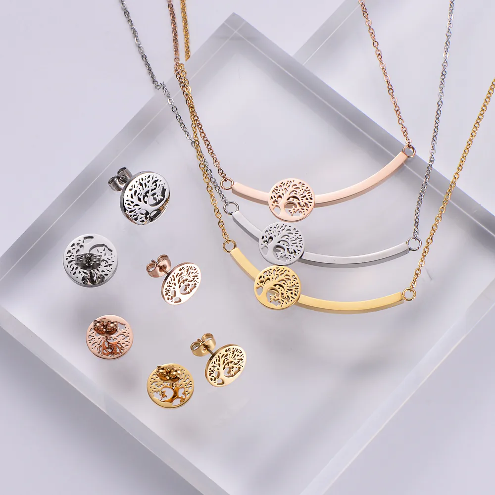 Tree Of Life Necklace And Earrings Round Hollow Out Pendant Stainless Steel Elegant Vintage Jewelry For Women