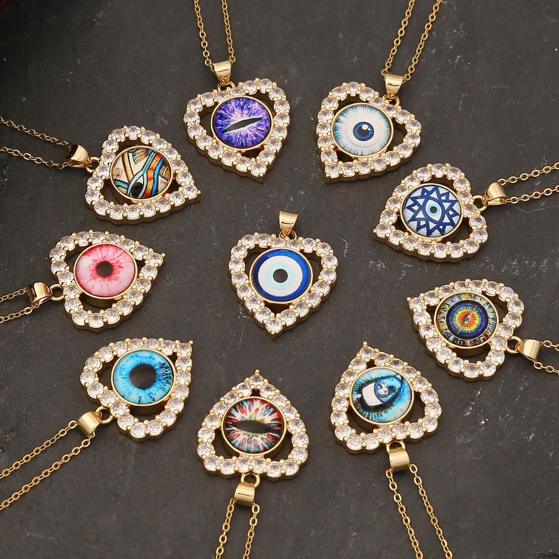 Heart Evil Eye Pendant Necklace Copper Micro Paved Cubic Zirconia Personality Clavicle Chain Jewelry For Women