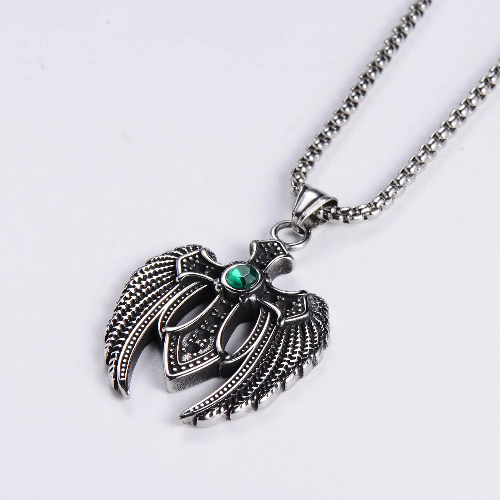 Retro Stainless Steel Angel Wings Cross Pendant With Green Zircon Gothic Punk Style Jewelry Accessory For Men