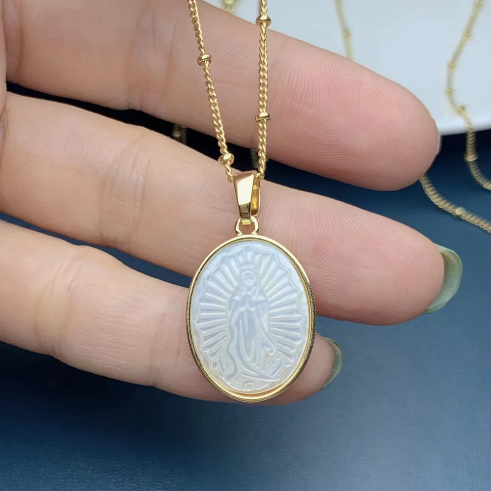 Our Lady Of Guadalupe Pendant Necklace Virgin Mary Religious Jewelry 18K Gold Plated Copper White Mother Of Artificial Pearl Shell