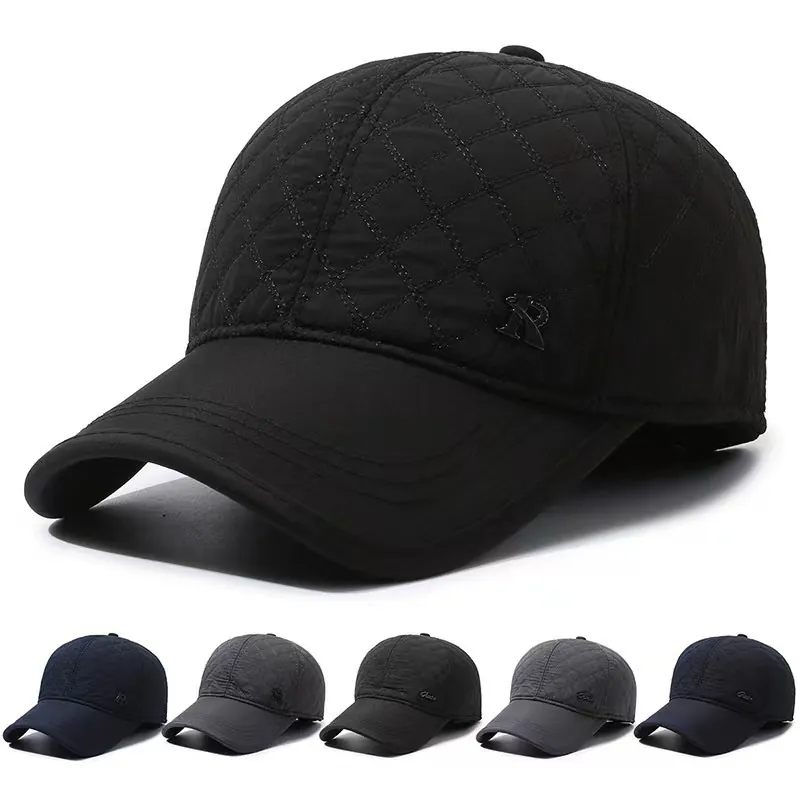 Men Winter Baseball Cap Warm Ear Flaps Diamond Quilted Windproof Padded Outdoor Dad Hat