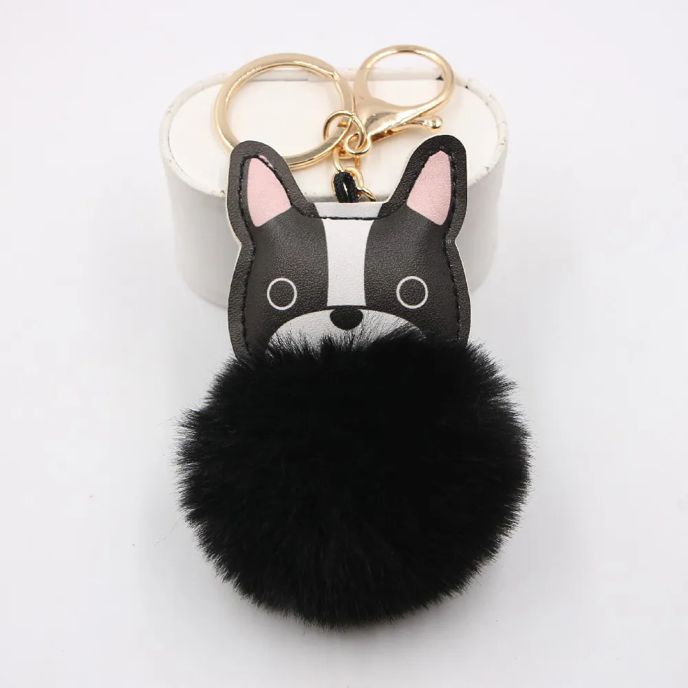 Cute French Bulldog Keychain Faux Fur Pom Pom PU Leather Puppy Dog Bag Pendant Accessory For Women Girls