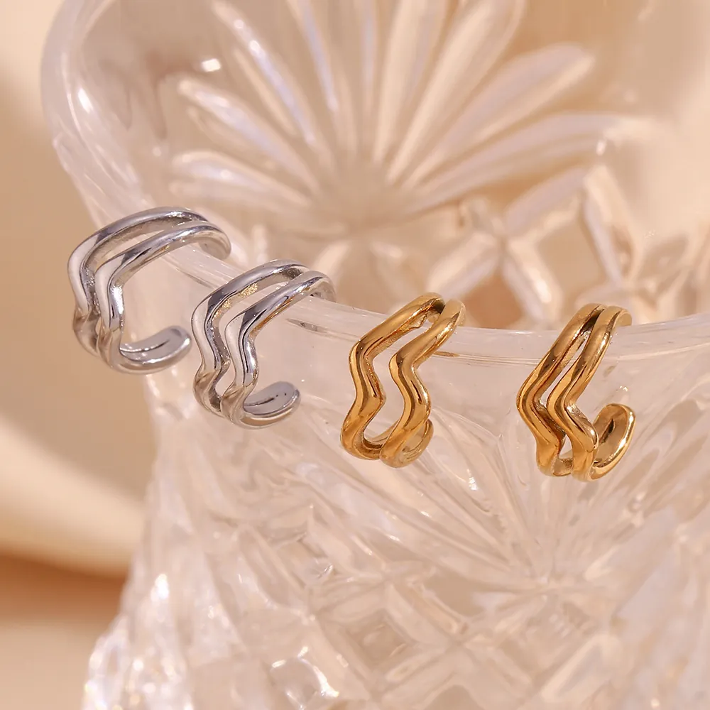 Stainless Steel Double Layer Wave Ear Cuffs Non Pierced 18K Gold Plated Minimalist Geometric Clip On Earrings For Women
