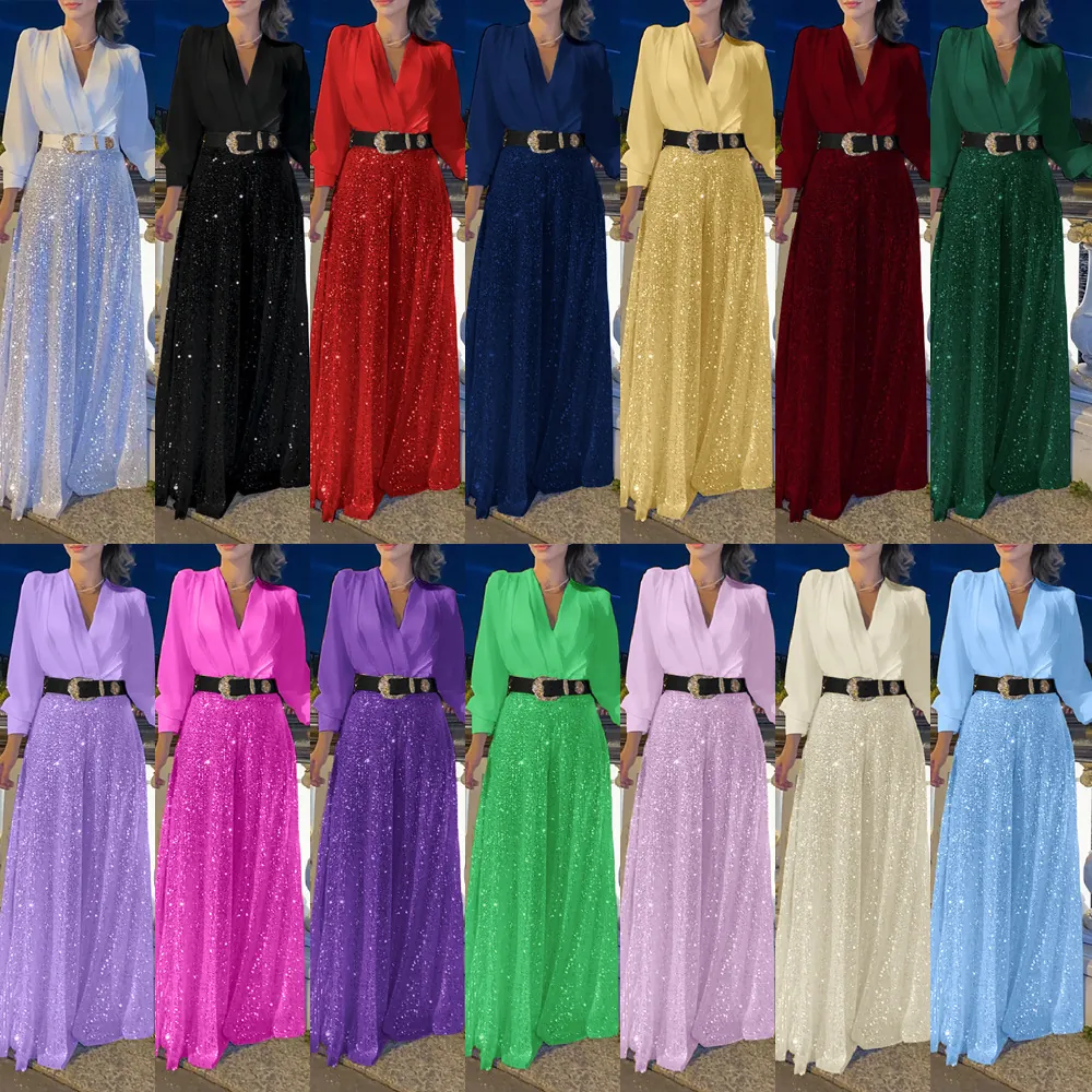 Women Elegant Evening Party V Neck Long Sleeve Satin Top And Wide Leg Sequin Pants With Belt