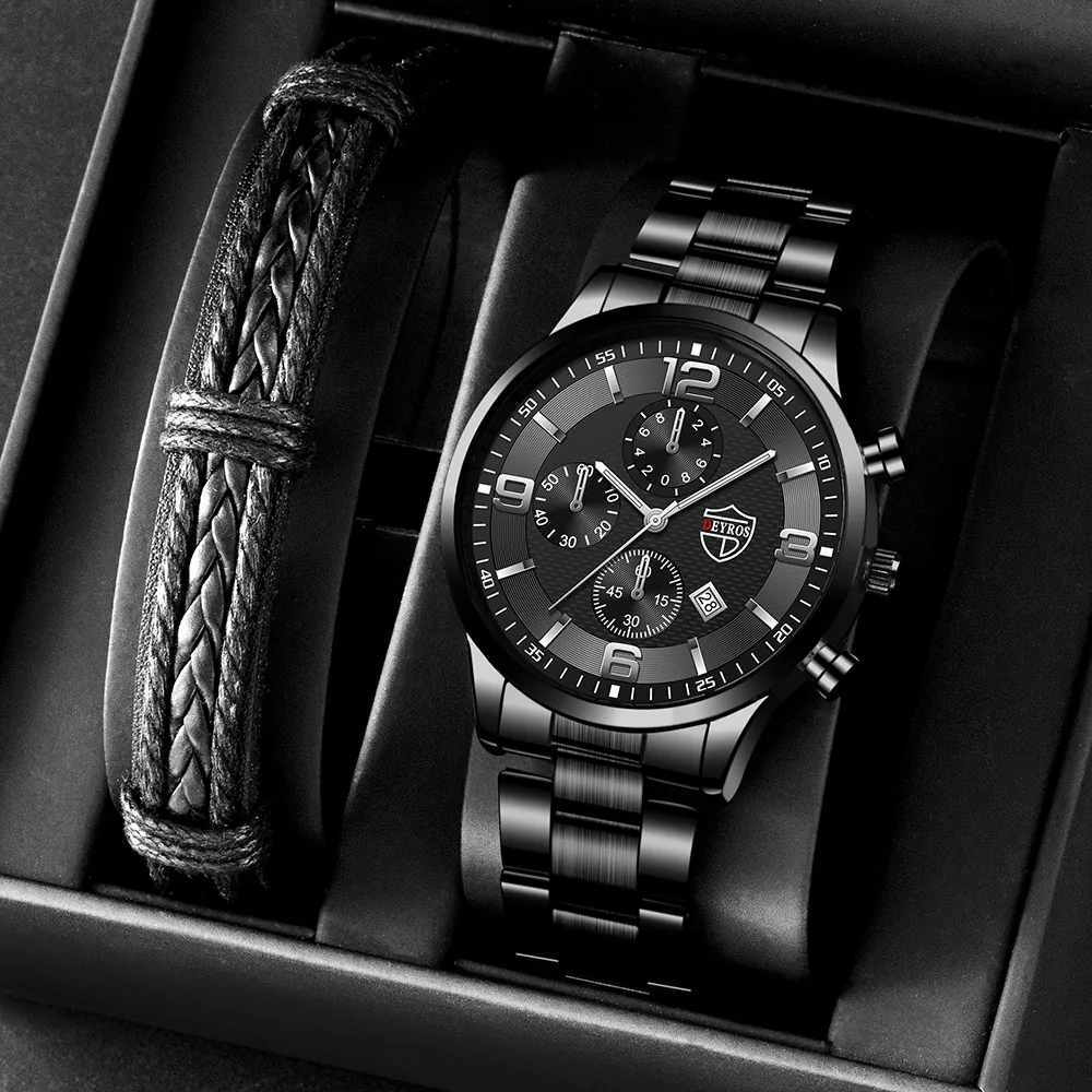 Fashion Men Quartz Watch Luminous Calendar Stainless Steel Mesh Leather Band Business Casual Wristwatch