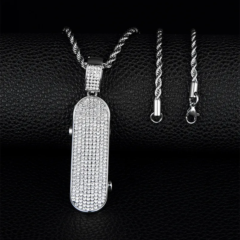 Hip Hop Scooter Pendant Necklace Iced Out Rhinestone Alloy Streetwear Jewelry For Men Women