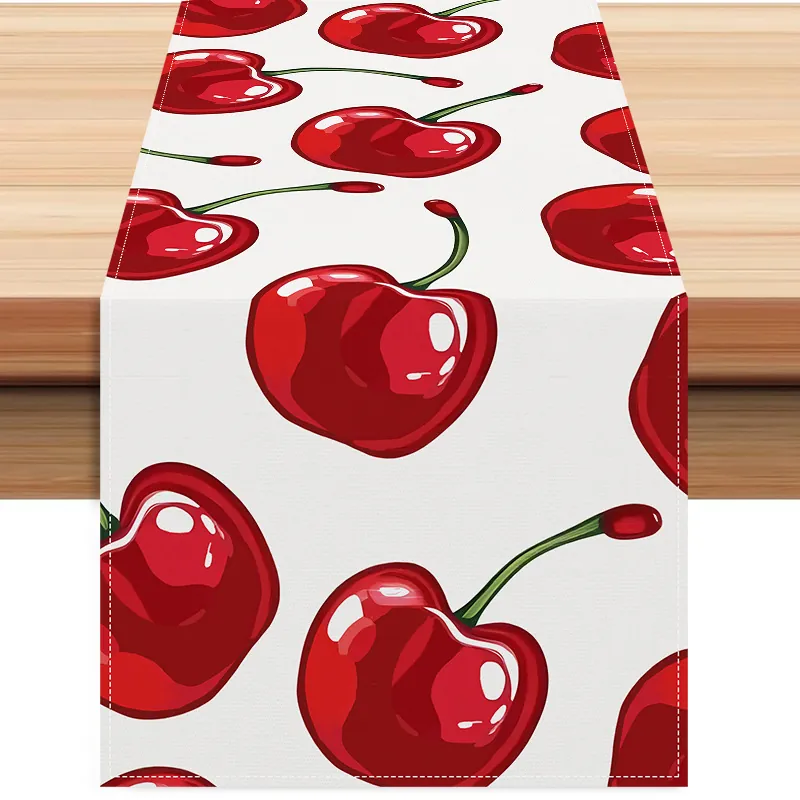 Red Cherry Print Table Runner Linen Polyester Blend Modern Minimalist Rectangular Kitchen Dining Room Table Decor