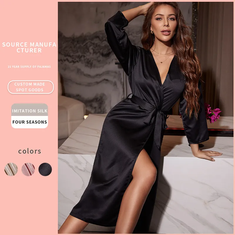 Women Satin Satin Robe V-Neck Long Sleeve Belted Bathrobe Sleepwear Nightgown Solid Color Elegant Loungewear