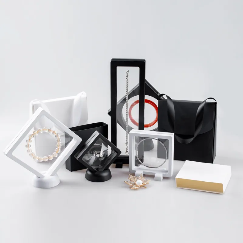 Jewelry Display Box 3D Floating Transparent PE Film Plastic Frame Case For Rings Earrings Bracelets Coins Anti-Oxidation