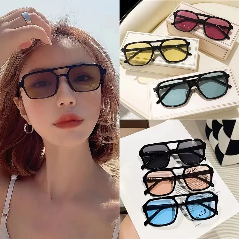 Retro Square Oversized Sunglasses Vintage Double Bridge Fashion UV400 Protection Unisex PC Frame AC Lens Eyewear