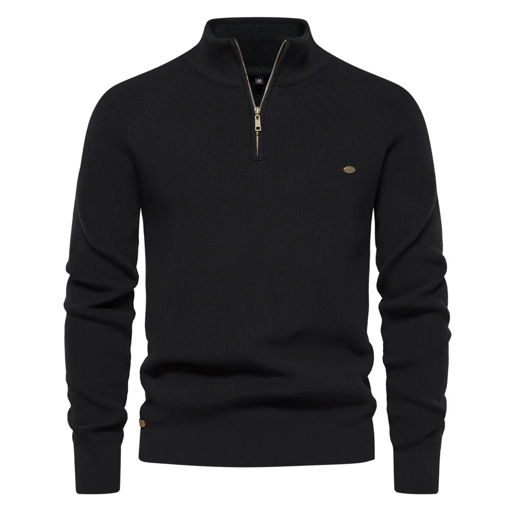 Maglione da Uomo a Costine con Mezza Cerniera Slim Fit Collo Alto Misto Cotone Pullover Urbano Casual Tinta Unita Manica Lunga