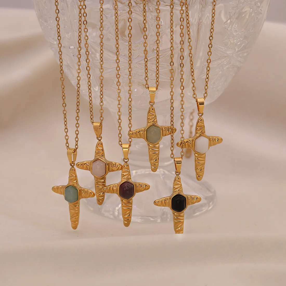 Natural Stone Cross Pendant Necklace Stainless Steel Hammered Texture Gold Plated Clavicle Chain Jewelry For Women
