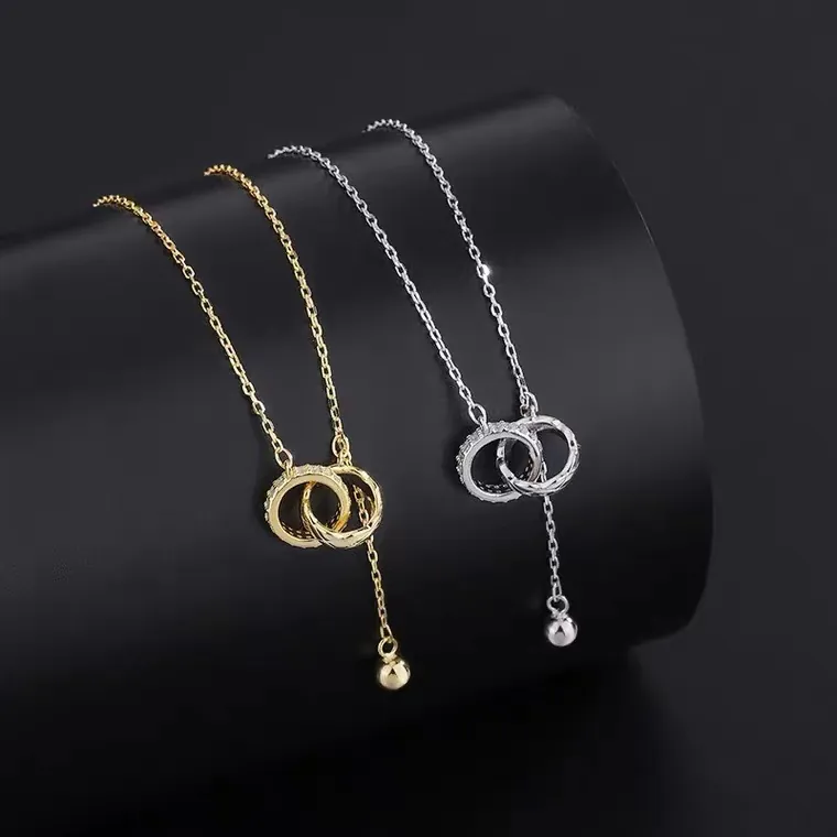 Fashion Stainless Steel Rhinestone Interlocking Rings Pendant Necklace Light Luxury Quilted Design Tassel Chain Necklace Women Jewelry