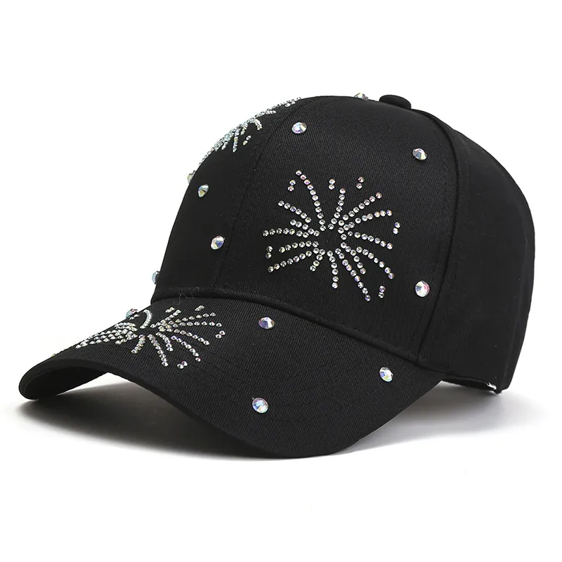 Baseball Cap Polyester Rhinestone Firework Pattern Breathable Sun Protection Adjustable Metal Buckle Hip Hop Street Style