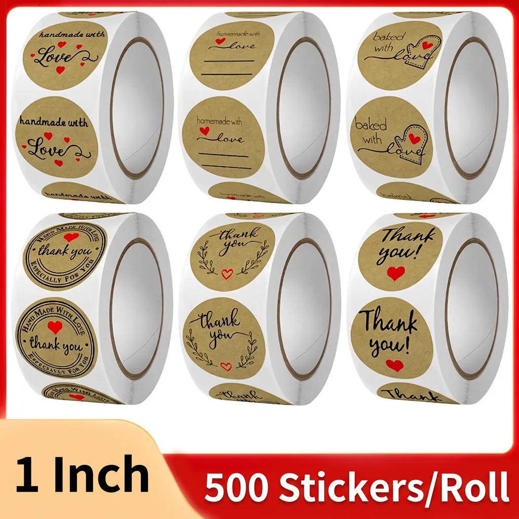 Round Kraft Paper Stickers Handmade With Love Thank You Labels Heart Pattern Envelope Seals For Wedding Baking Gift Decoration