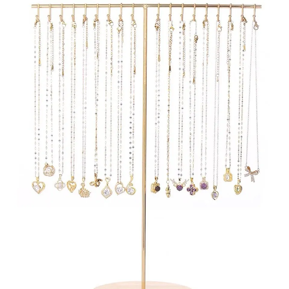 T-Shape Necklace Display Stand Metal Jewelry Organizer Rack With Round Wood Base Multi Hooks Detachable Minimalism