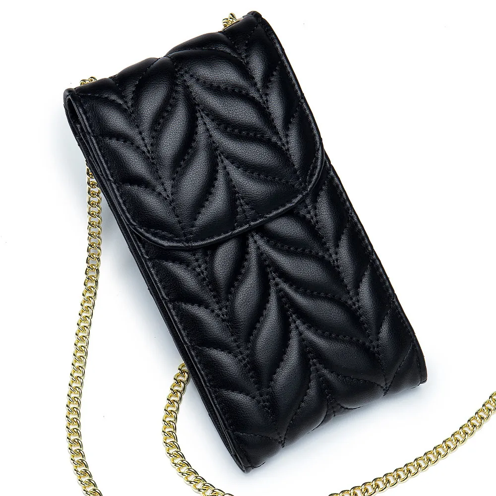 Women Split Leather Mobile Phone Crossbody Bag Quilted Rhombus Pattern Elegant Vertical Gold Chain Strap Wallet Card Slots