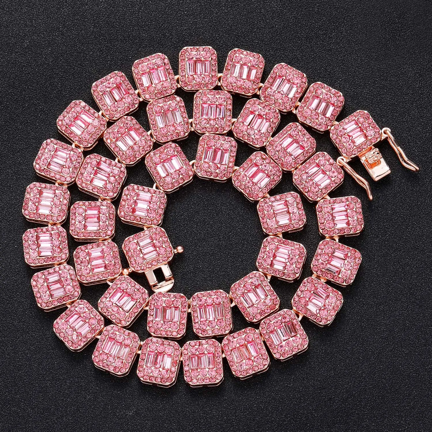 Hip Hop Necklace Alloy Rose Gold Plated Pink Zircon Iced Out Sugar Link Chain Street Jewelry For Men Women