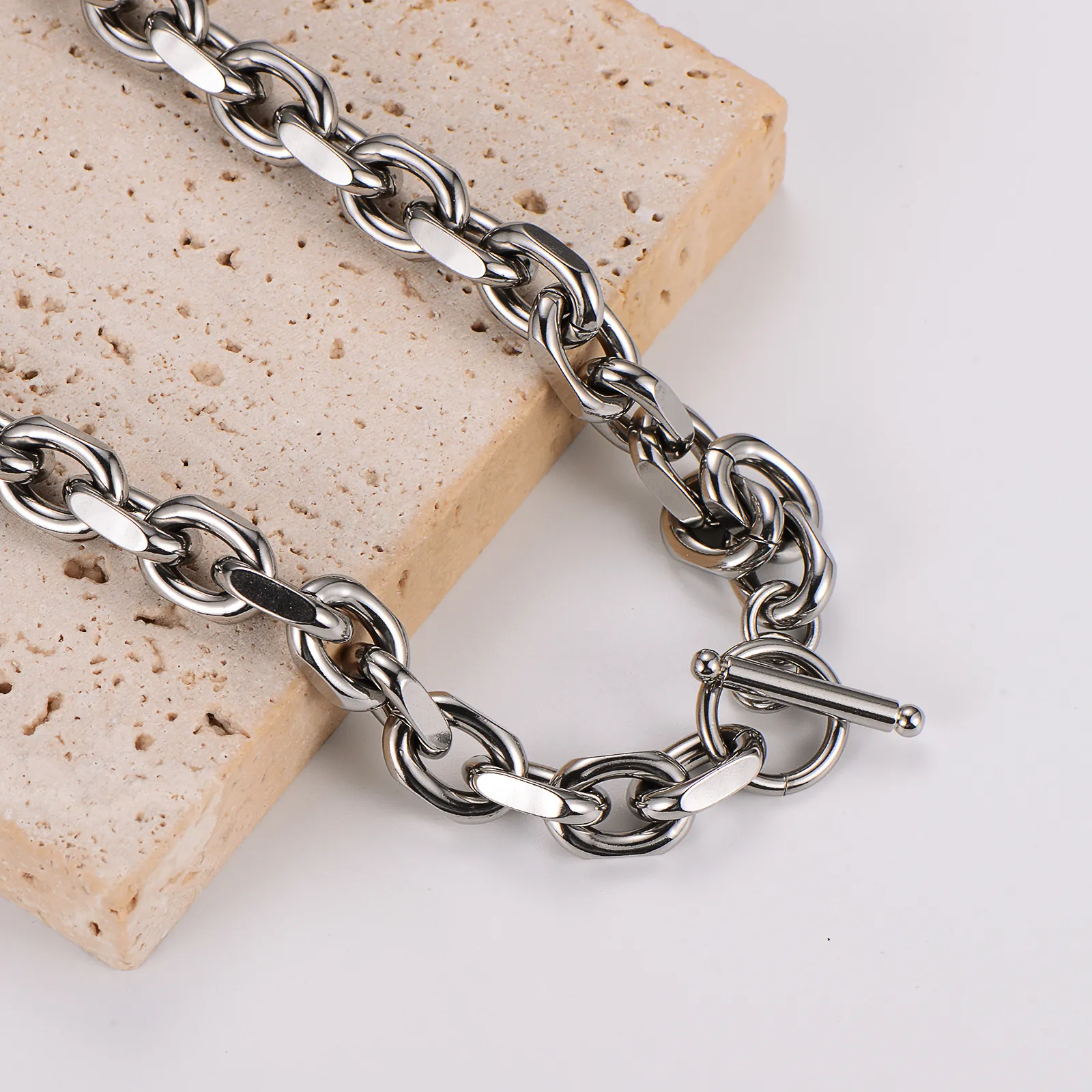 Collier Chaîne Homme Acier Inoxydable 304 Maillons Lourds Avec Fermoir T Et Barre Poli Style Hip Hop Punk