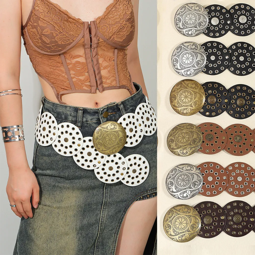 Cintura Larga Vintage Western da Donna in Pelle PU Bohemian Fibbia Rotonda in Lega Intagliata Cintura Decorativa Traforata