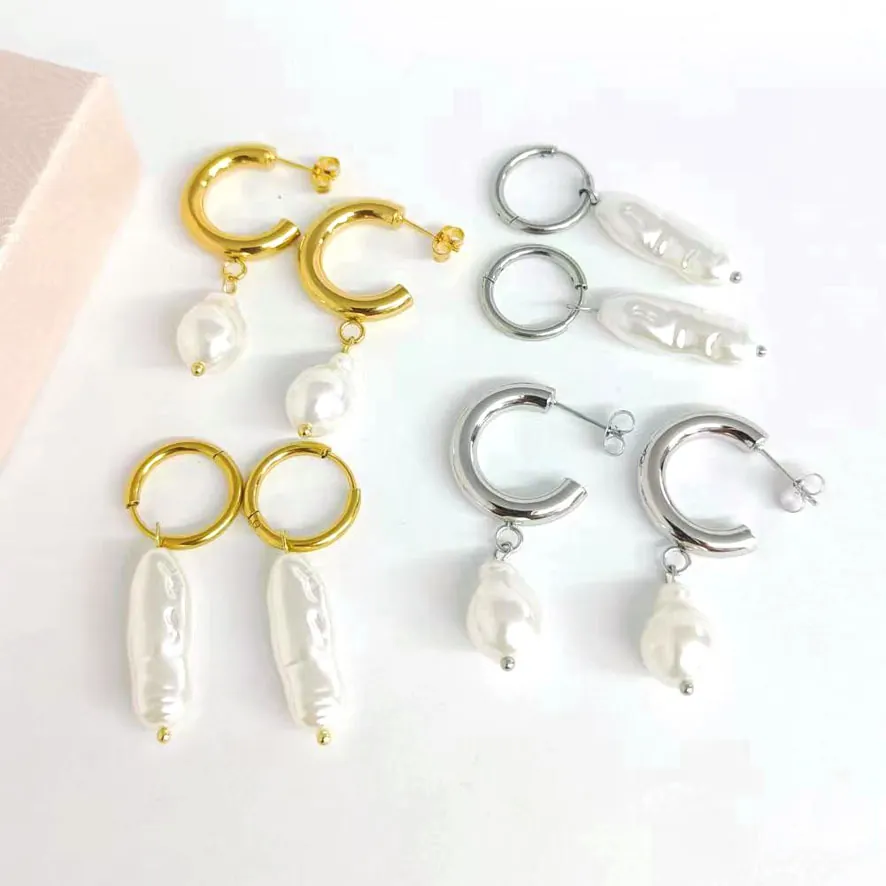 Artificial Baroque Pearl Drop Hoop Earrings Stainless Steel 18K Gold Plated C Shape Minimalist Geometric Jewelry For Women