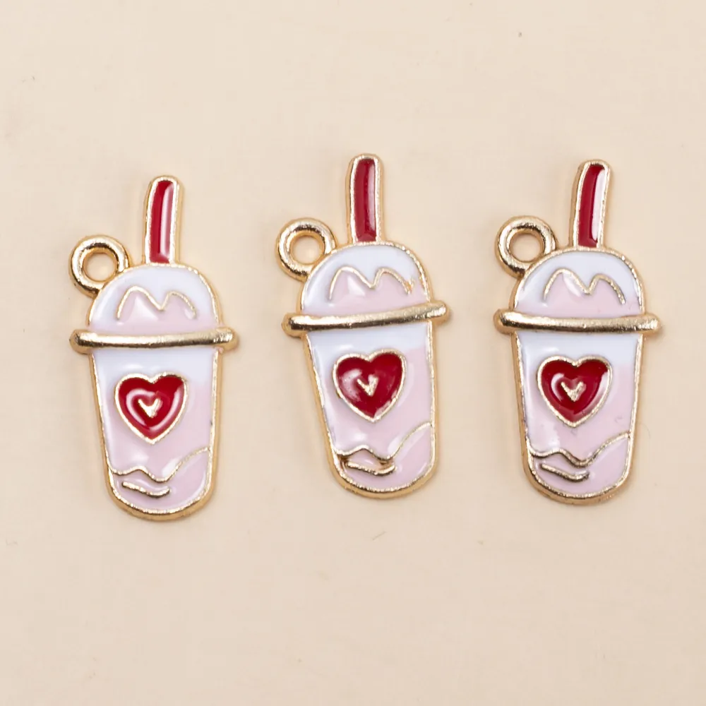 Milk Tea Cup Enamel Charms Pink Heart Alloy Pendants For DIY Jewelry Making Bracelet Necklace Earrings Gold Plated