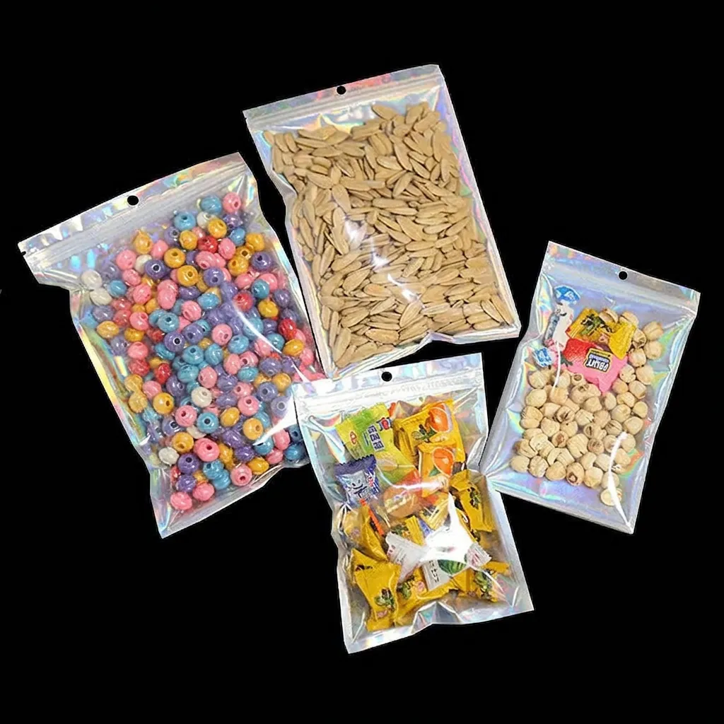 Holographic Laser Ziplock Bags Rainbow Clear Plastic Packaging Bags For Jewelry Phone Case Storage With Hanging Hole