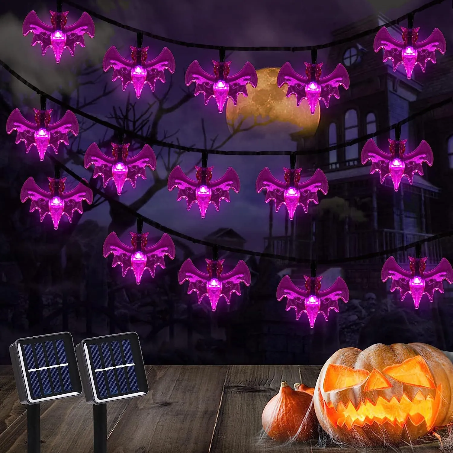 Halloween String Lights Solar Powered LED Spider Bat Ghost Shaped Spooky Waterproof Outdoor Garden Party Decor Plastic