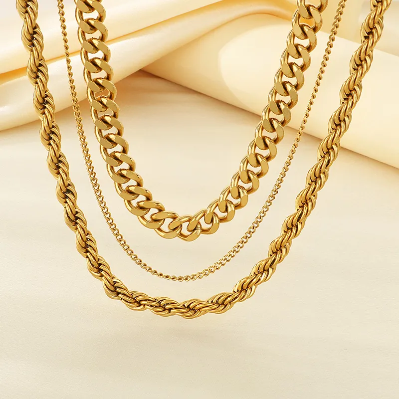 Collier Multirang Superposé Acier Inoxydable Plaqué Or 18K Chaîne Cubaine Corde Hip Hop Bijoux Femmes