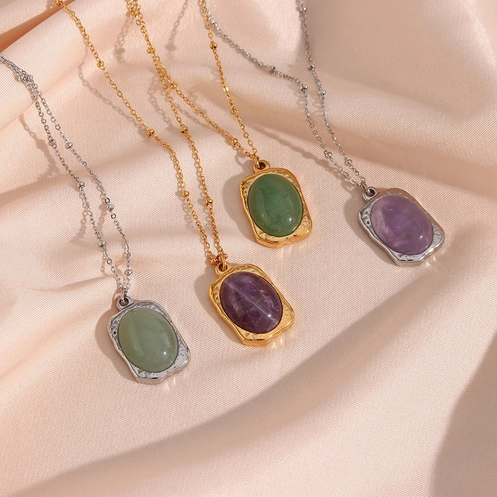 Oval Natural Stone Pendant Necklace Stainless Steel Vintage Hammered Texture Bead Chain Jewelry For Women