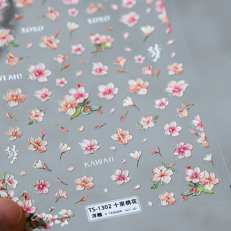 3D Embossed Nail Art Stickers Peach Blossom Flower Japanese Style Adhesive Decals Kawaii Manicure Decoration For Women