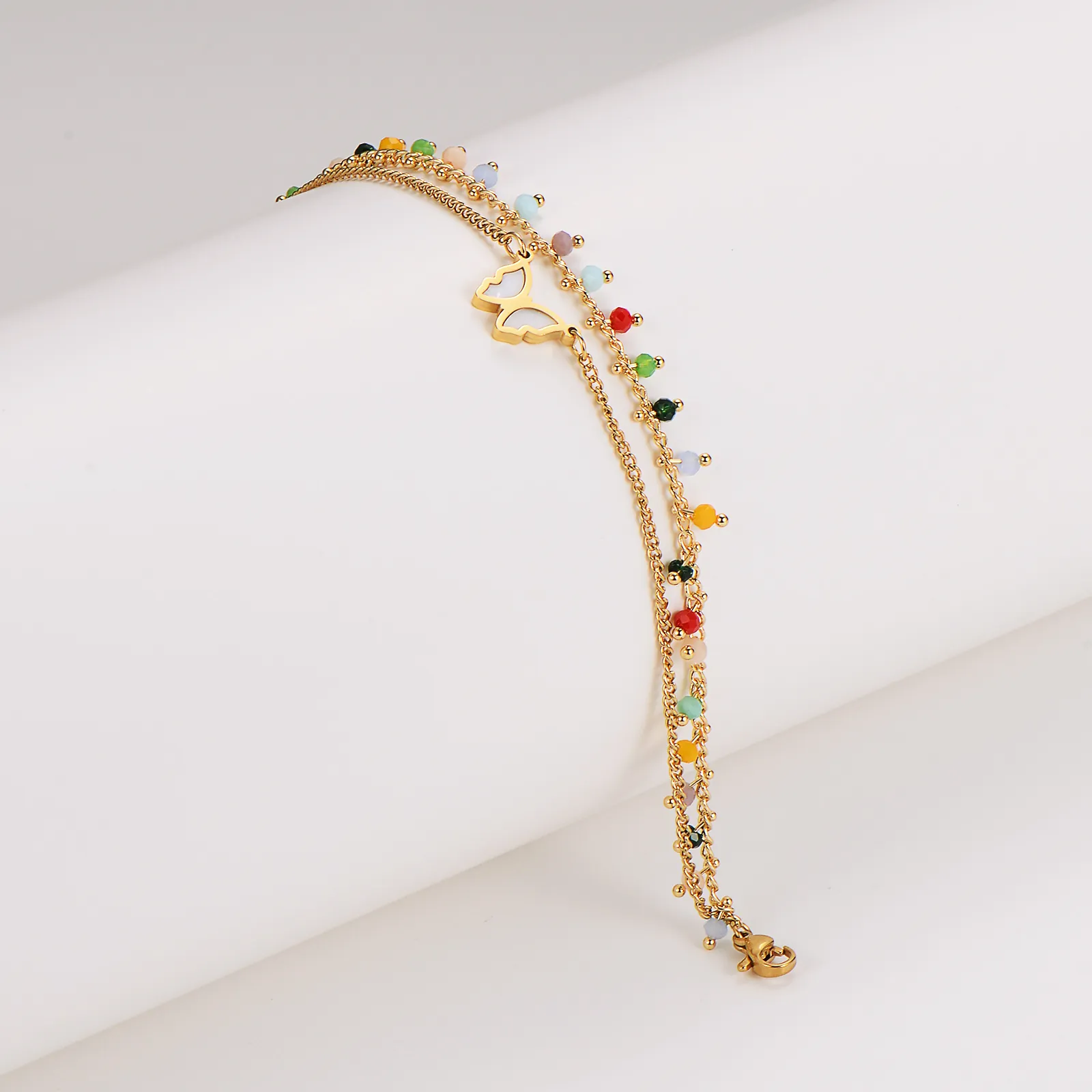 Double Layer Butterfly Bracelet Anklet 304 Stainless Steel Gold Plated Colorful Beads Ins Style For Women Girls