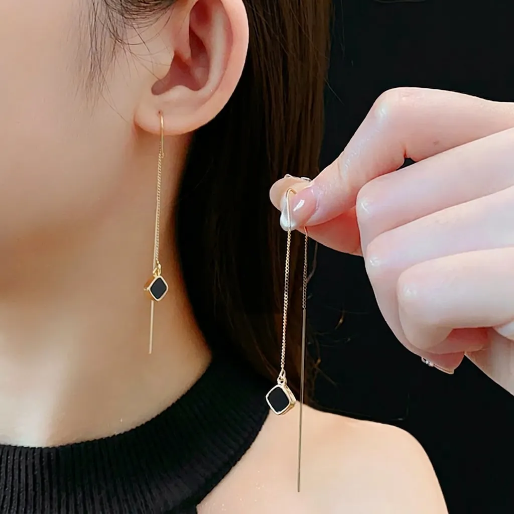 Orecchini A Catena Lunghi Geometrici Lega Pendente Quadrato Nero Con Perno In Argento Sterling 925 Minimalista