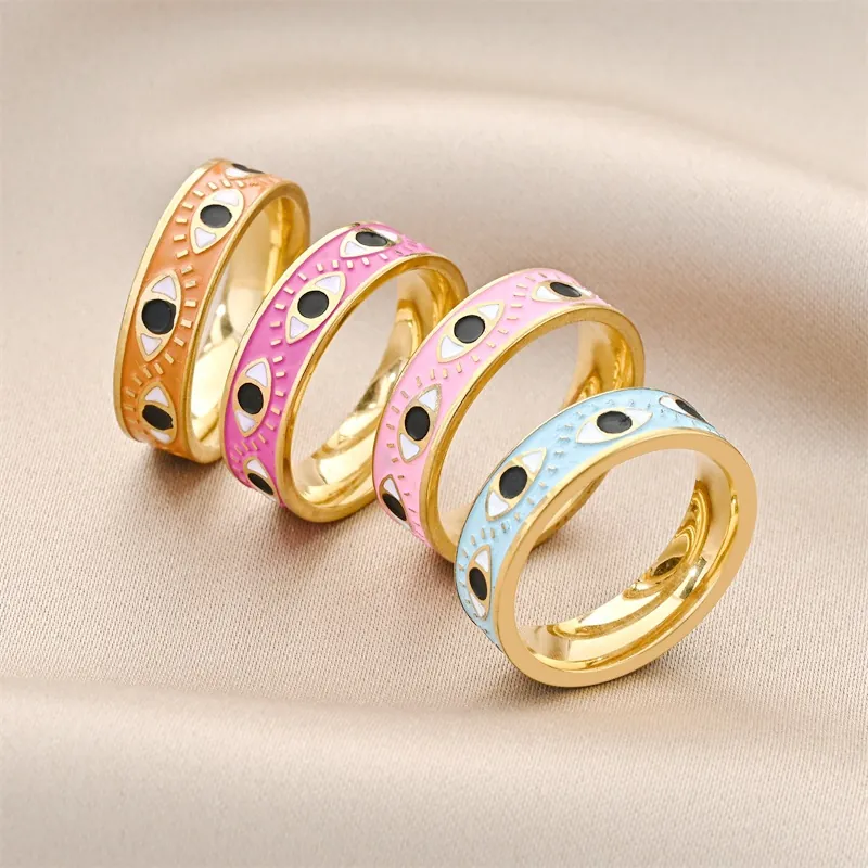 Evil Eye Ring Stainless Steel Enamel Band Colorful Hip Hop Boho Fashion Jewelry For Men Women Unisex