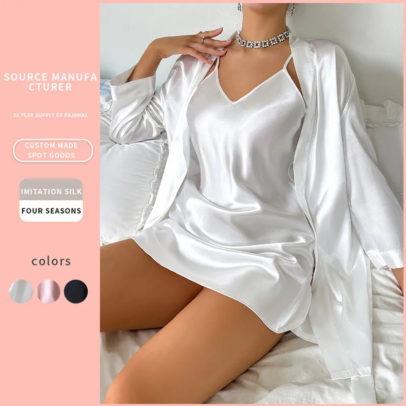 Pyjama Femme En Satin De Satin Imitation Robe À Bretelles Col En V Et Peignoir Manches Longues Confortable