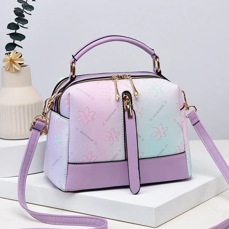 Women Gradient Color Floral Print PU Leather Shoulder Bag Double Zipper Multi Compartment Crossbody Handbag Sweet