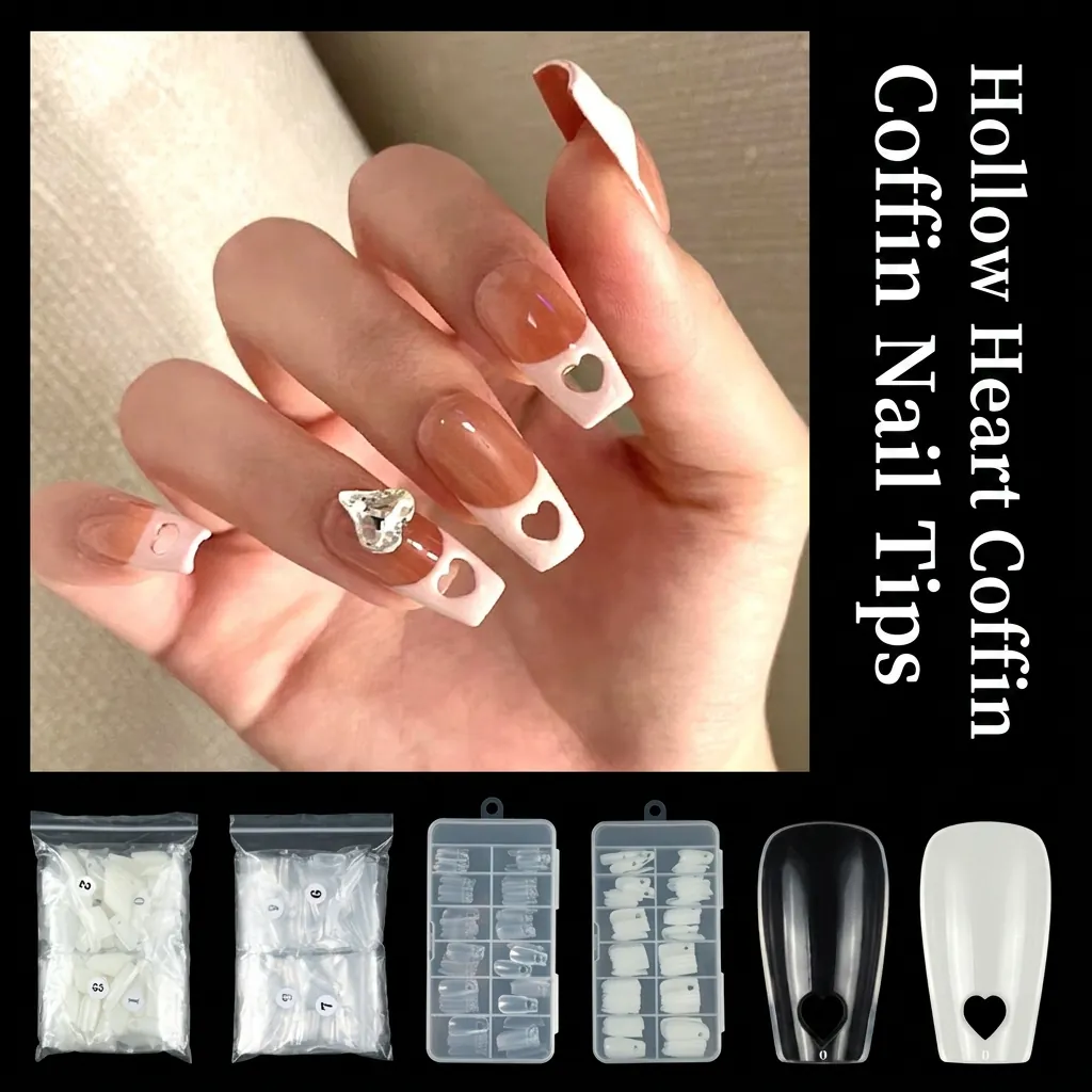 Hollow Heart Trapezoid False Nail Tips ABS Transparent Natural Coffin Shape French Style Ultra Thin DIY Manicure Tool