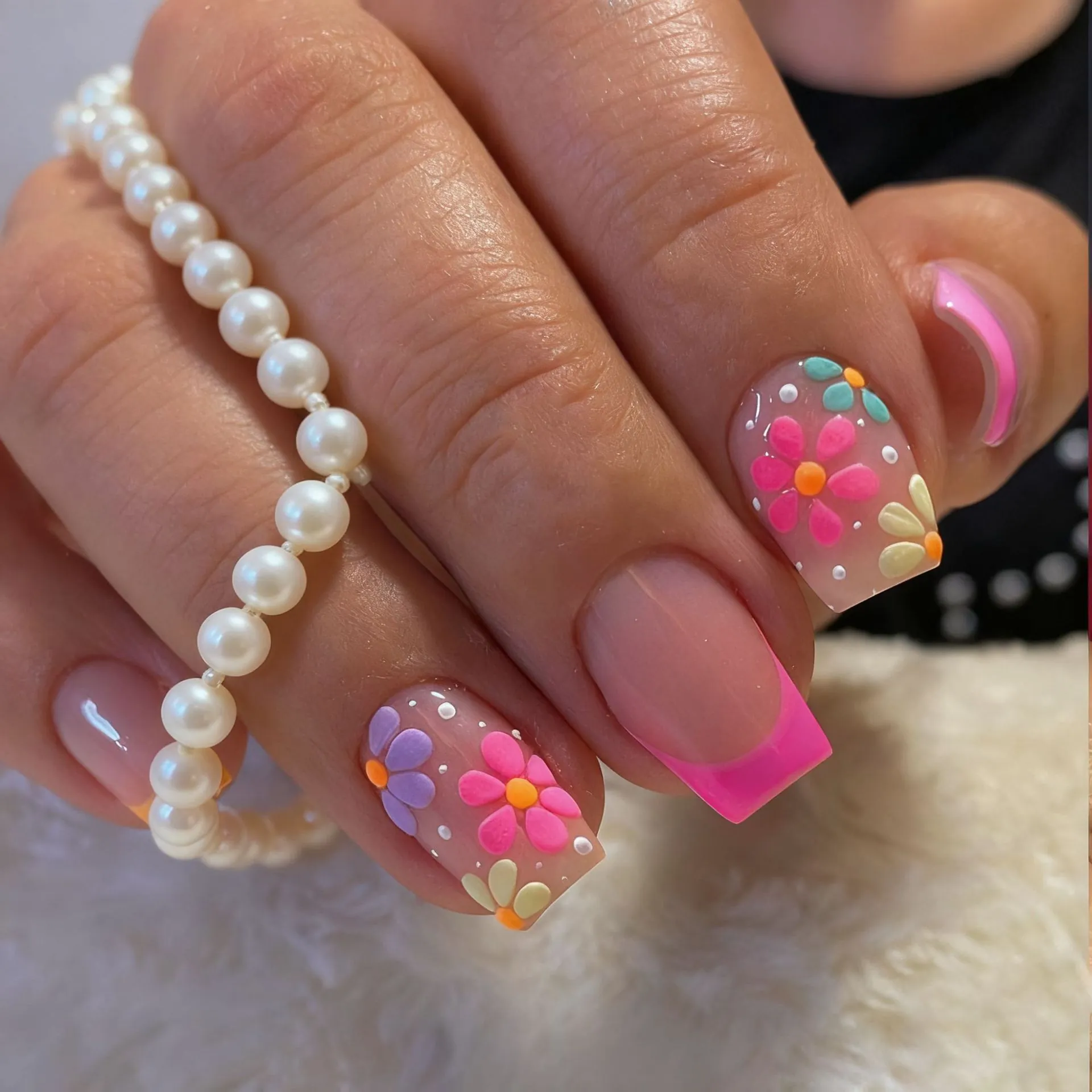 Square Press On Nails French Floral Design Colorful False Nails For Women ABS Plastic Medium Length Elegant Manicure