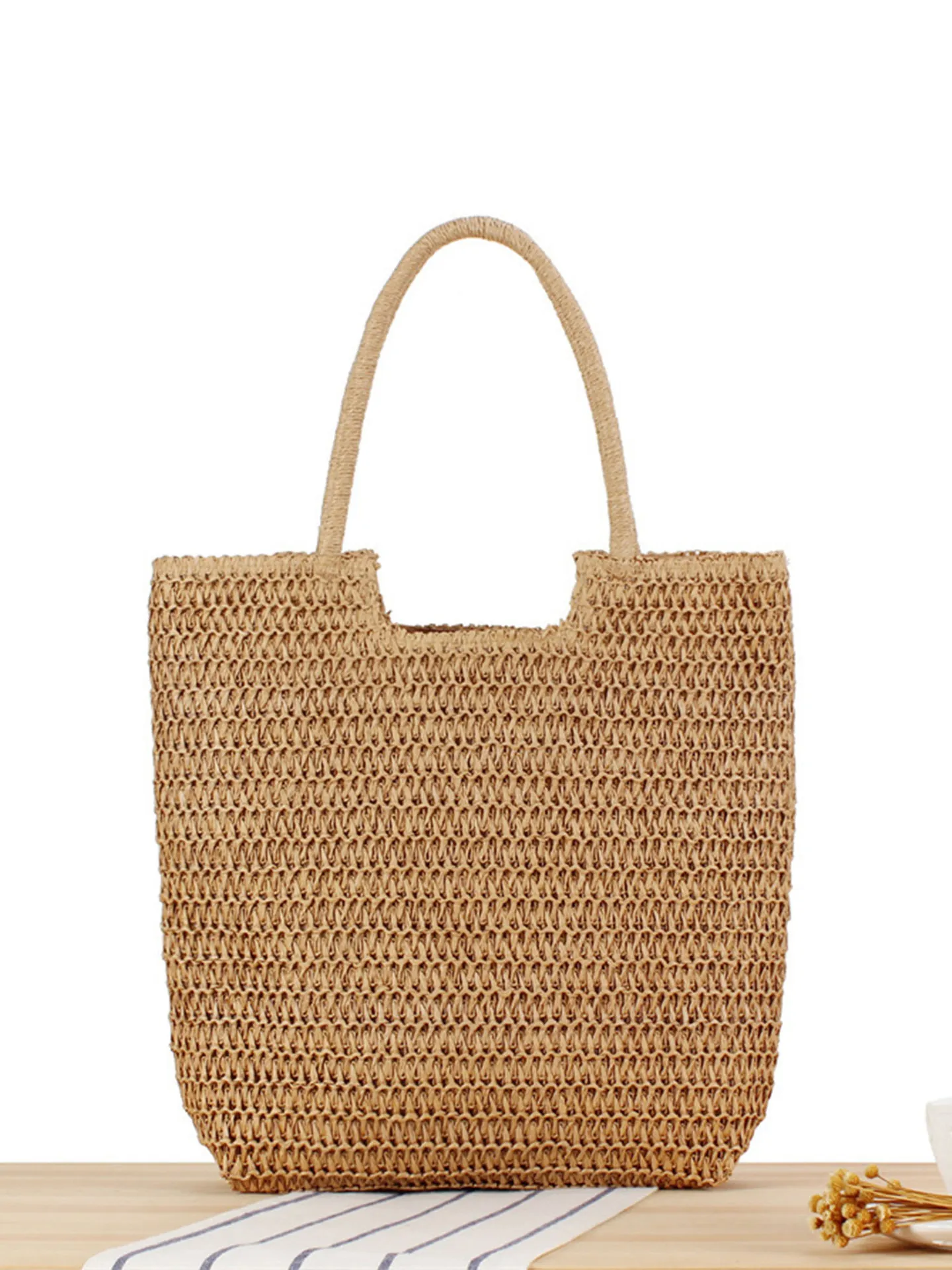 Woven Straw Shoulder Bag Large Capacity Paper Rope Hollow Tote With Zipper Summer Beach Vacation Retro Style For Women