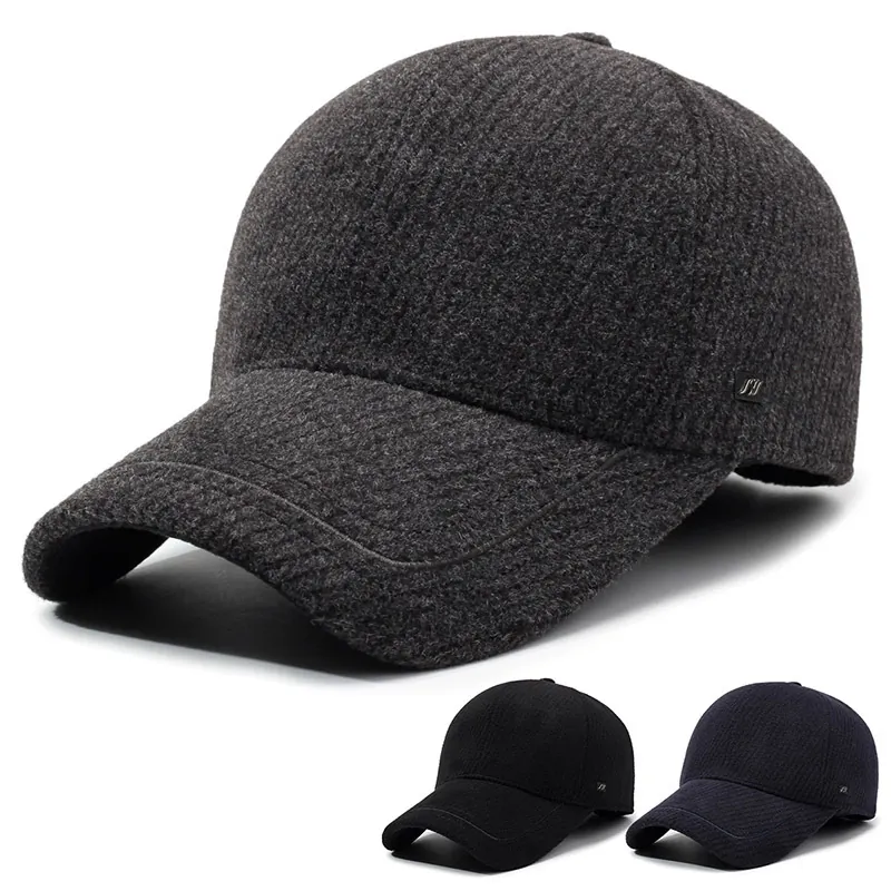Men Winter Baseball Cap With Ear Protection Fleece Lined Thick Warm Windproof Cotton Wool Blend Casual Adjustable Hat
