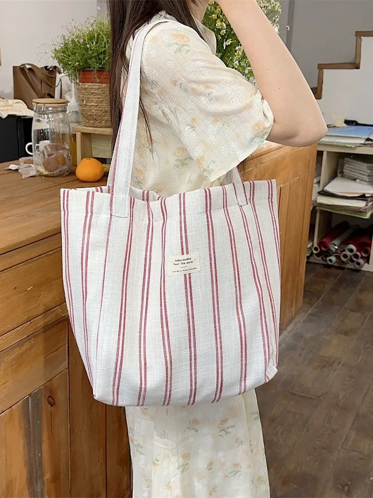 Large Capacity Striped Canvas Tote Bag For Women Japanese Zakka Style Casual Shoulder Handbag Color Block Shopping Commuter