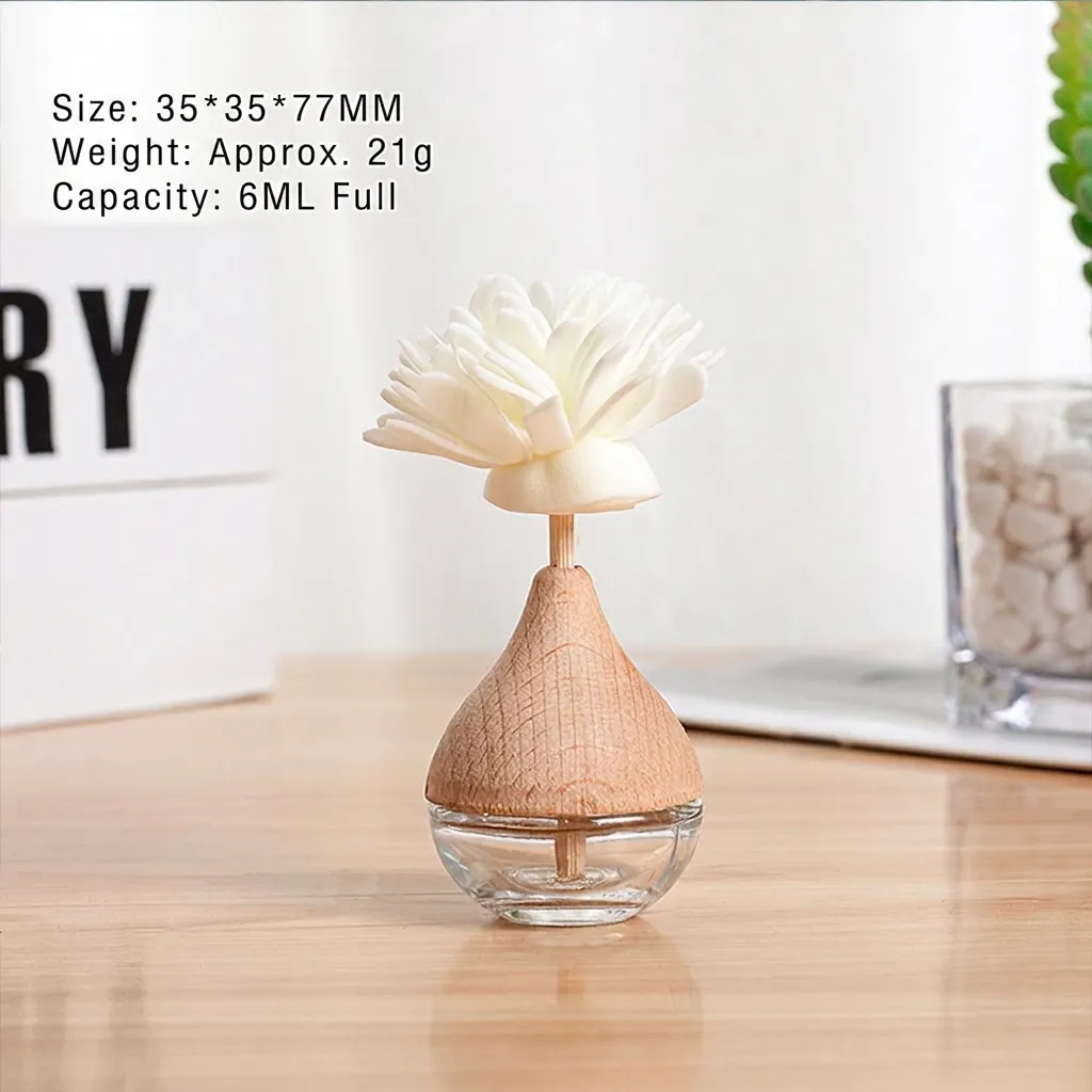 Empty Aromatherapy Diffuser Bottle With Wood Lid And Sola Flower Glass Refillable Fragrance Vessel Home Office Car Decor