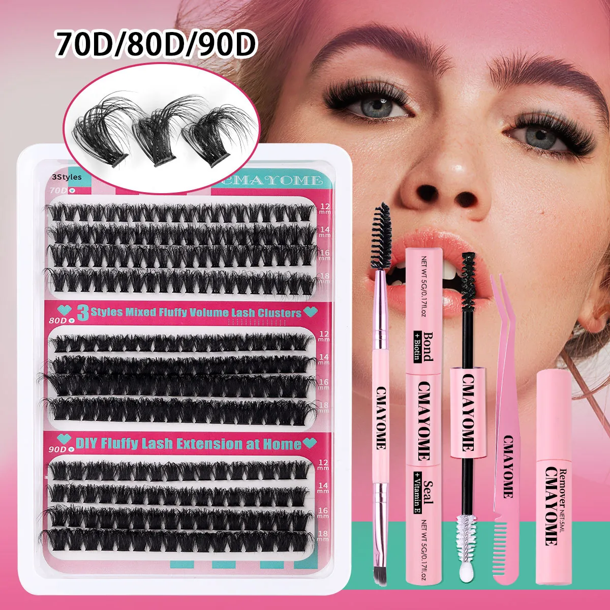 DIY Lash Clusters Synthetic Fiber 3D Fluffy Volume 70D 80D 90D Mixed With Bond And Seal Remover Tweezers Brush
