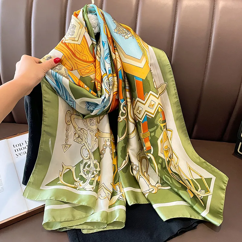 Women Equestrian Print Scarf Large Imitation Satin Shawl For Beach Sun Protection Elegant Classical Horse Bit Chain Pattern