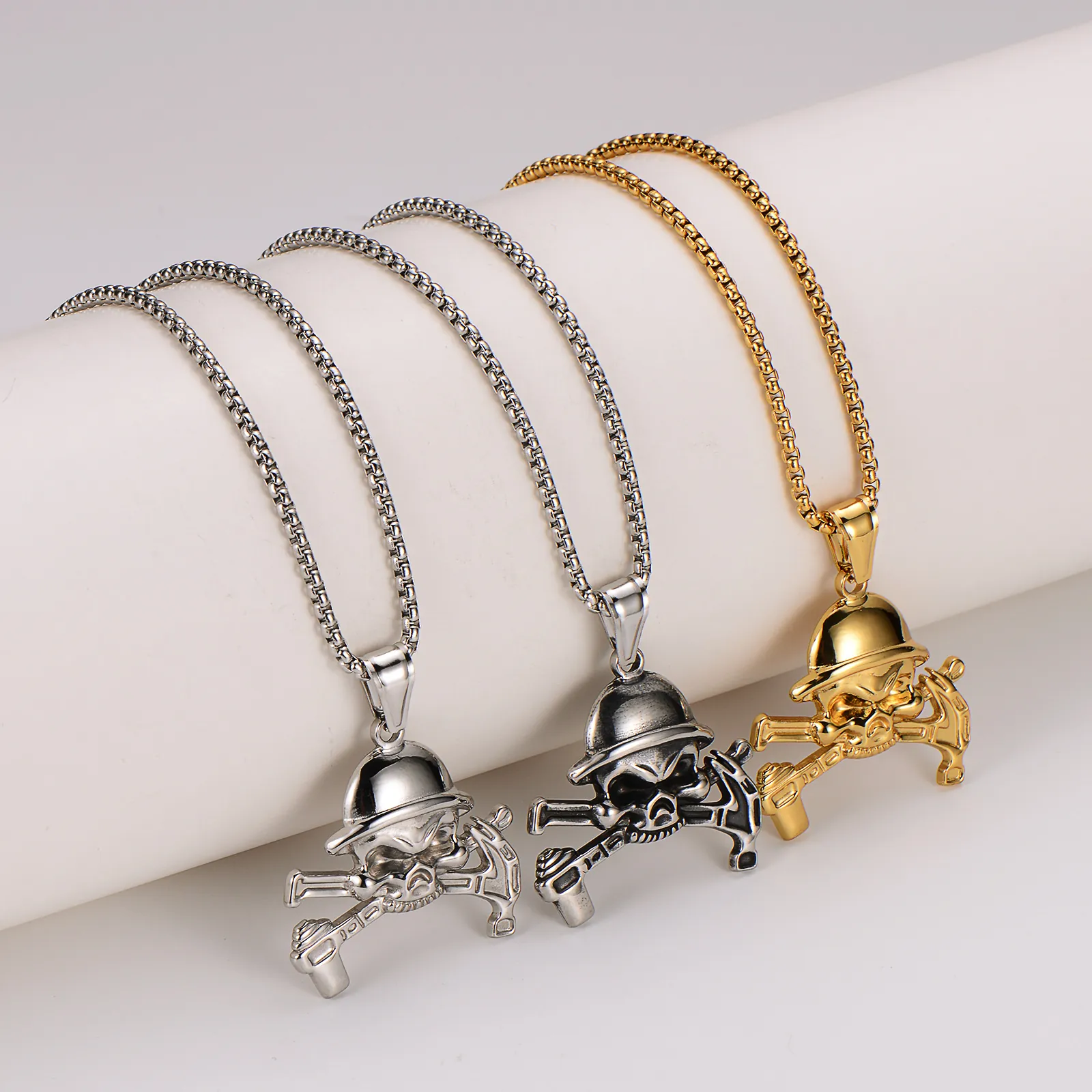 Vintage Skull Pendant Necklace Stainless Steel Helmet Crossed Hammer Wrench Punk Gothic Hip Hop Jewelry For Men