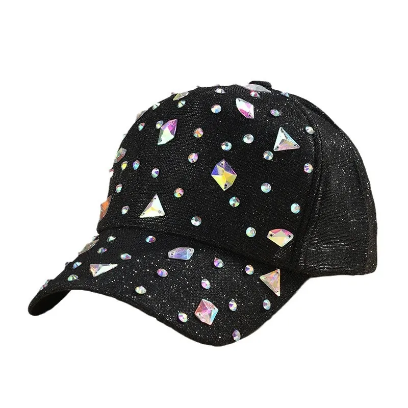 Rainbow Rhinestone Baseball Cap Glitter Sequin Fashion Snapback Hat For Women Men Cool Adjustable Bling Peaked Cap Jewelry