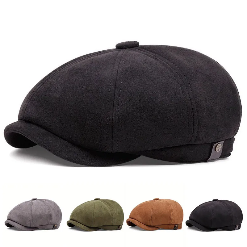 Retro Newsboy Cap Men Octagonal Hat Vintage British Style Faux Suede Artist Ivy Flat Cap Adjustable