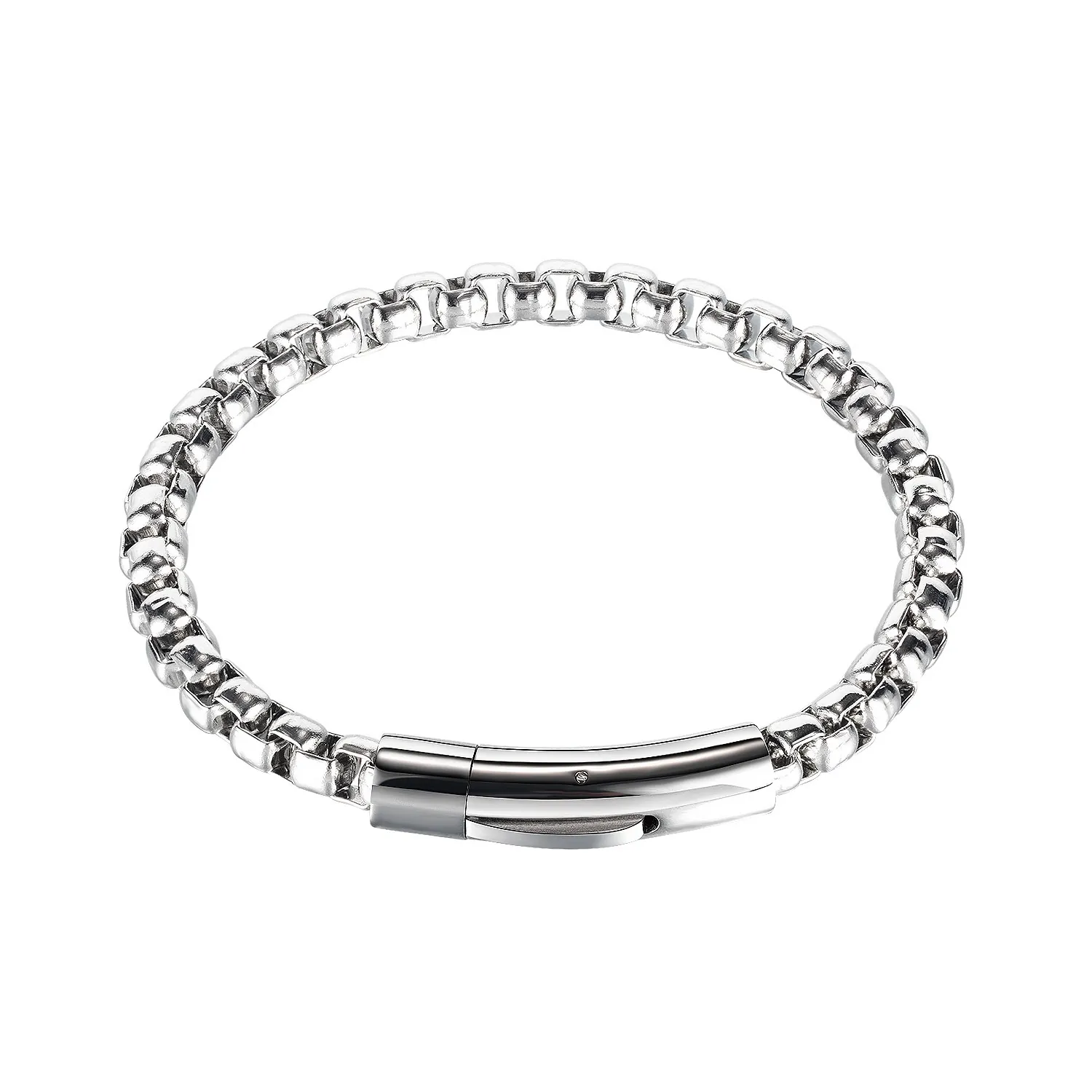 Box Chain Bracelet Stainless Steel For Men Polished Venetian Link Simple Punk Hip Hop Jewelry Durable Metal Snap Buckle